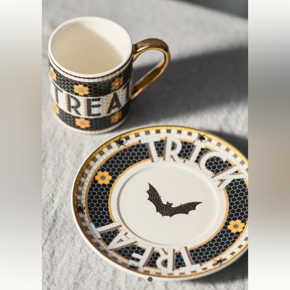 Anthropologie The Bistro Tile Espresso Cup & Saucer Halloween TRICK or TREAT Bat